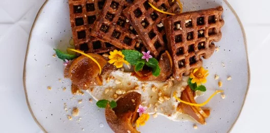 Protein Chocolate Banana Waffles with Caramel Pear  (GF,LF, VGT)