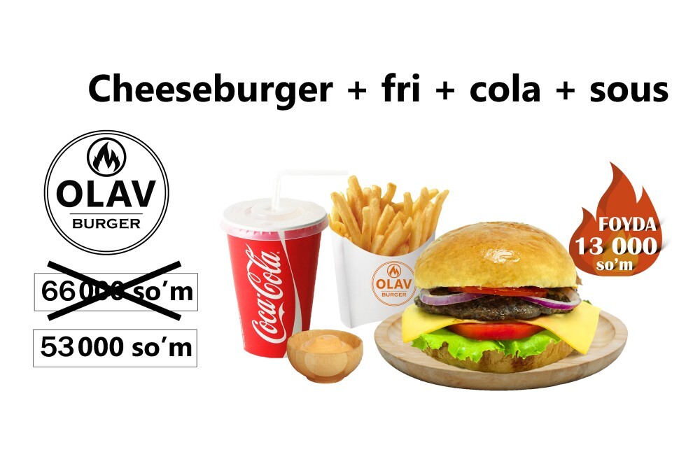 Cheeseburger + fri + cola + sous