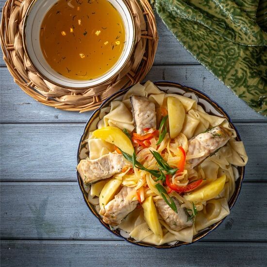 БЕШБАРМАК С ОСЕТРИНОЙ