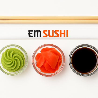 Соевый соус, имбирь, васаби, палочки