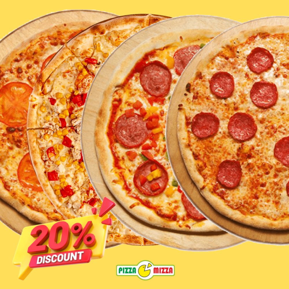 4 пиццы с 20% скидкой (Халал, Камила, Пепперони, Маргарита)