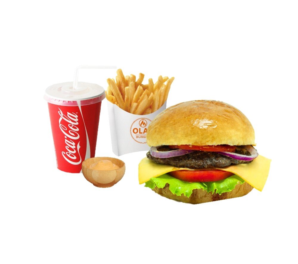 Cheeseburger + fri + cola + sous