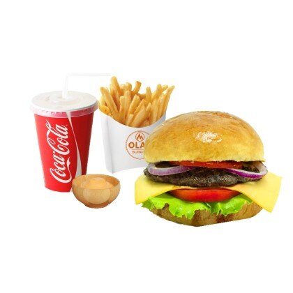 Cheeseburger + fri + cola + sous